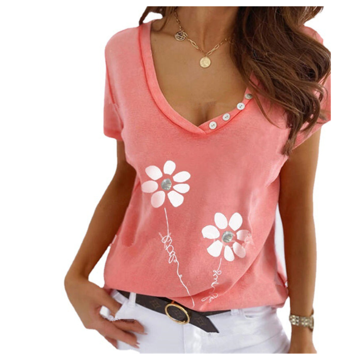 Fashion Women Clothing Floral Printed V-neck Short-sleeve Tunic Tops Casual Pullover Base Tee Shirt Femme T-shirt