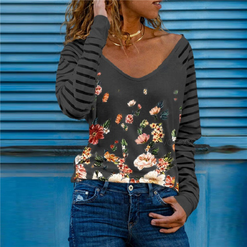 V Neck New Print Women Blouse Spring Elegant Casual Loose Pullove Ladies Shirt Autumn Long Sleeve Office Female Shirts Blusas