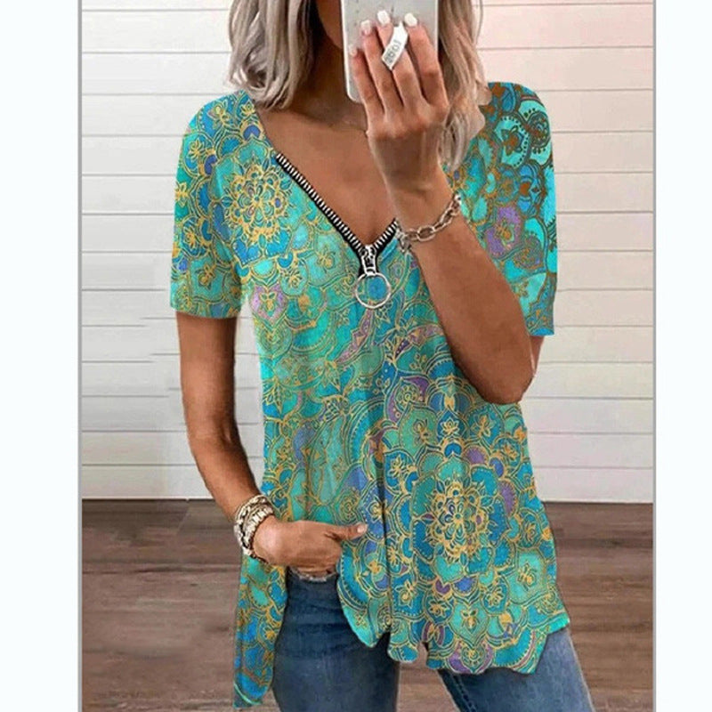 Summer T Shirt V-neck Zipper Pullover Floral Print Short Sleeve Loose Shirts Fashion Casual Plus Size Top