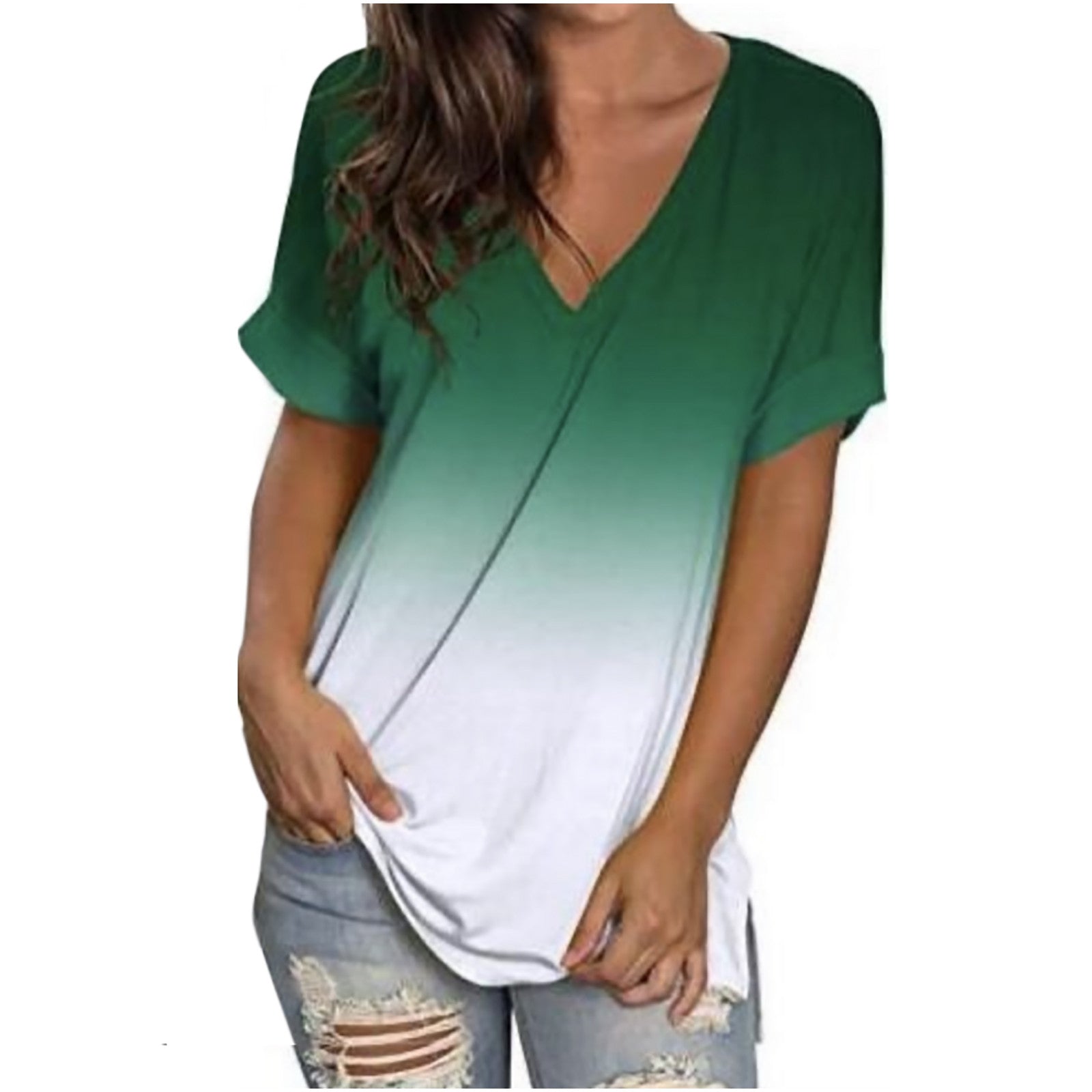 Women Summer Fashion Trend Short Sleeve T-shirt Gradient V-Neck Printed Loose Tops