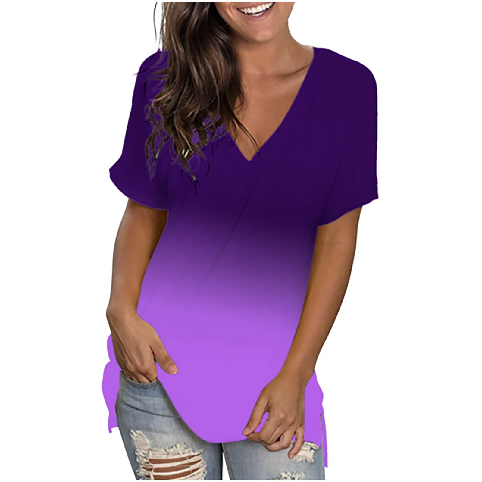 Women Summer Fashion Trend Short Sleeve T-shirt Gradient V-Neck Printed Loose Tops