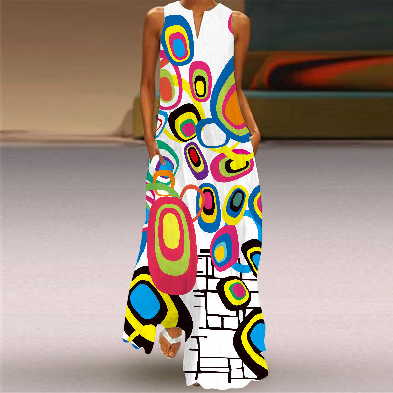 Abstract Sleeveless Beach Summer Long Dress Women Casual Dress Lady V Neck Maxi Dress Elegant Women's Dress