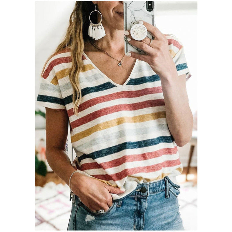 Ladies Tops Women Summer Plus Size Clothing Floral Striped Print Loose V-Neck Short Sleeve Casual Streetwear Tees T Shirt