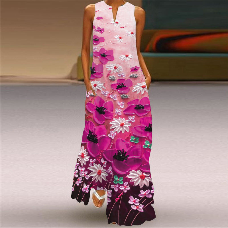 Floral Sleeveless Beach Summer Long Dress Women 2021 Casual Dress Lady V Neck Dress Elegant Women Maxi Dress