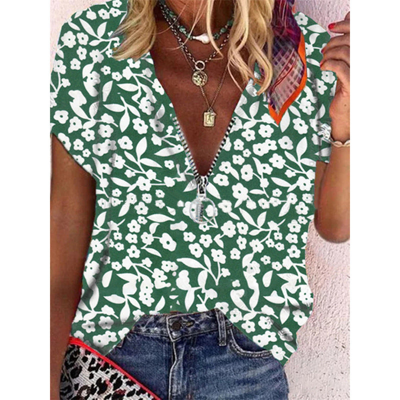 Summer Casual Women Shirt Fashion Loose T-Shirt Printed Zipper V-Neck Loose Short-Sleeved Shirt for Women Plus Size Tops