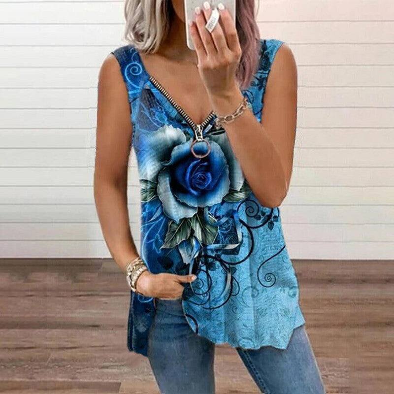 Women's V-neck Zipper Rose Printed Vest Summer Plus Size Casual T-shirt