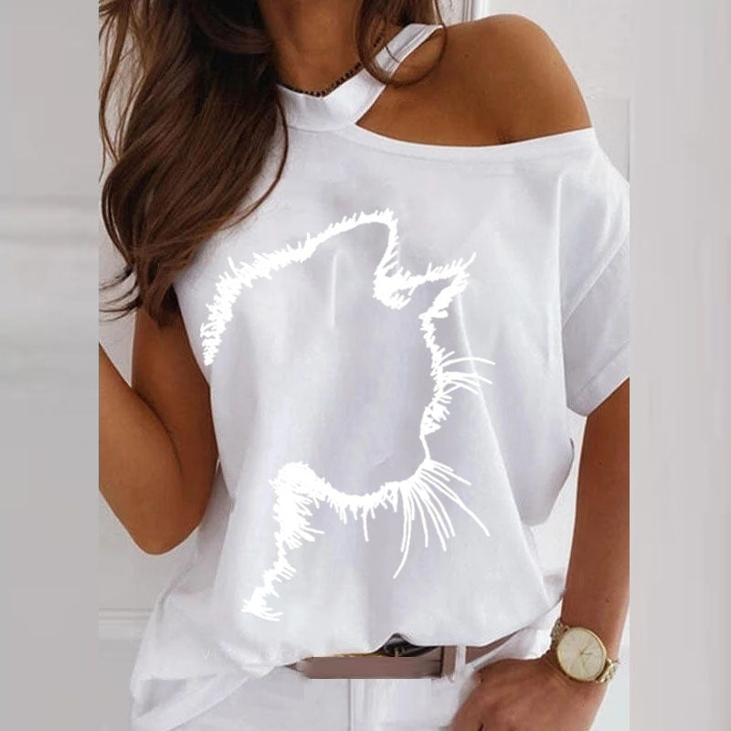 Plus Size Off Shoulder Summer T-shirt Cat Print Casual Short Sleeve O-neck Pullovers Fashion Street Tops