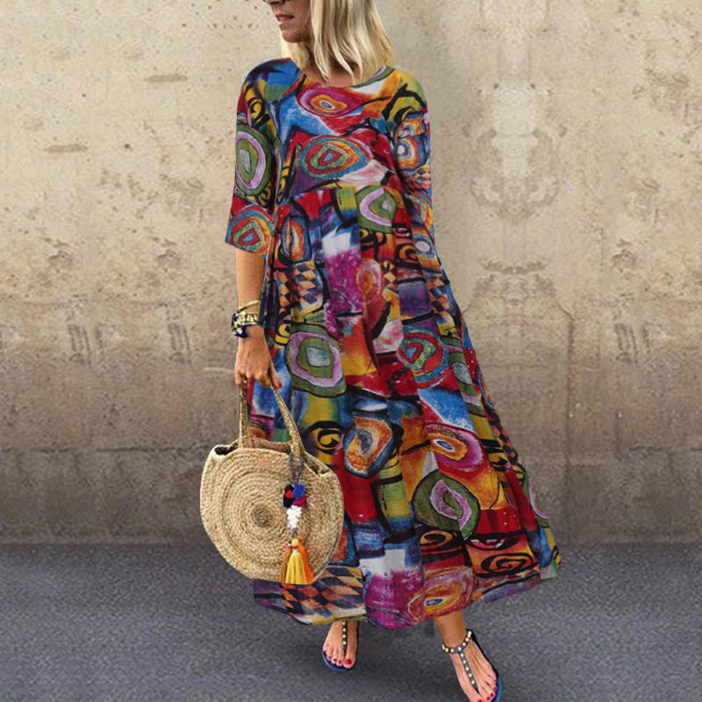 New Women Trendy Summer Plus Size Abstract Print Character Women O-Neck Loose Maxi Dress