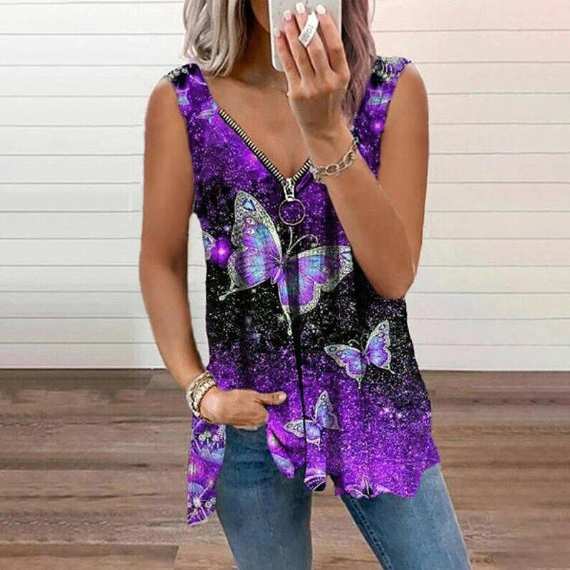 Women V-neck Sexy Vest New Zipper Butterfly Print Loose Vest Summer Plus Size Clothing Fashion Top T-shirt