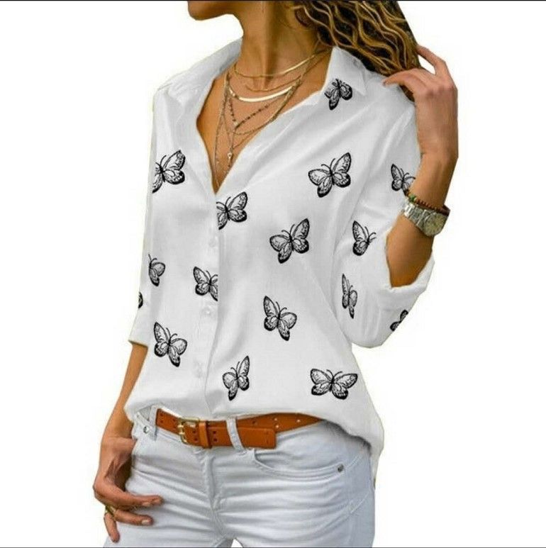 Women's Butterfly Print Casual Long Sleeve V Neck Buttons Tops Loose Blouses