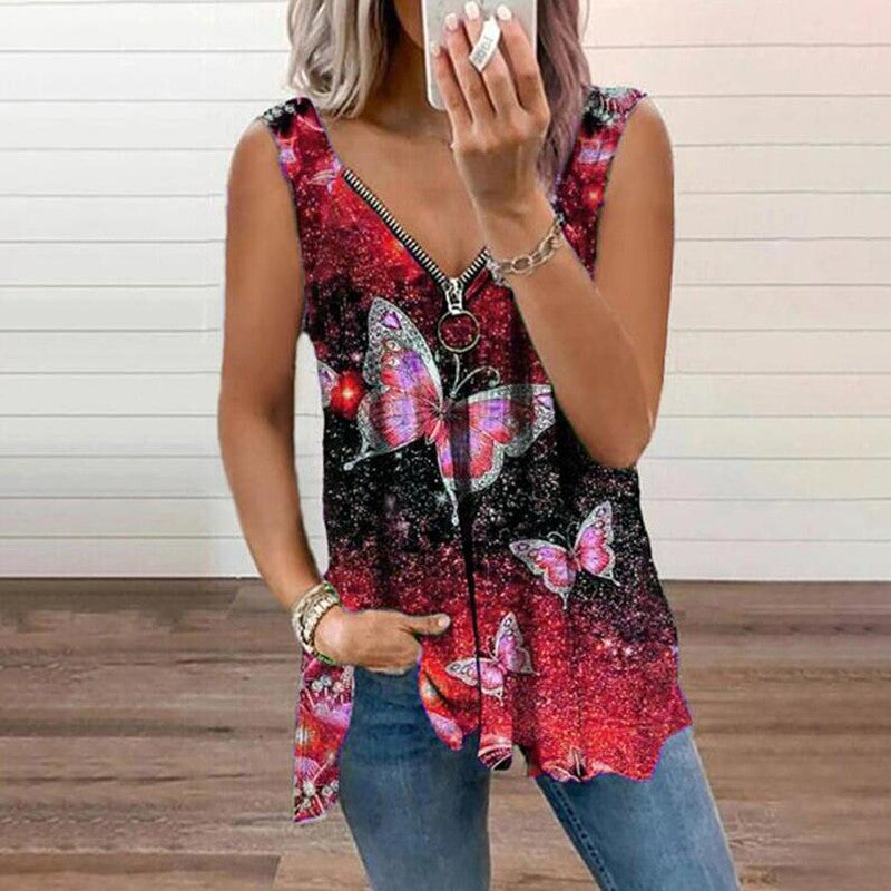 Women V-neck Sexy Vest New Zipper Butterfly Print Loose Vest Summer Plus Size Clothing Fashion Top T-shirt