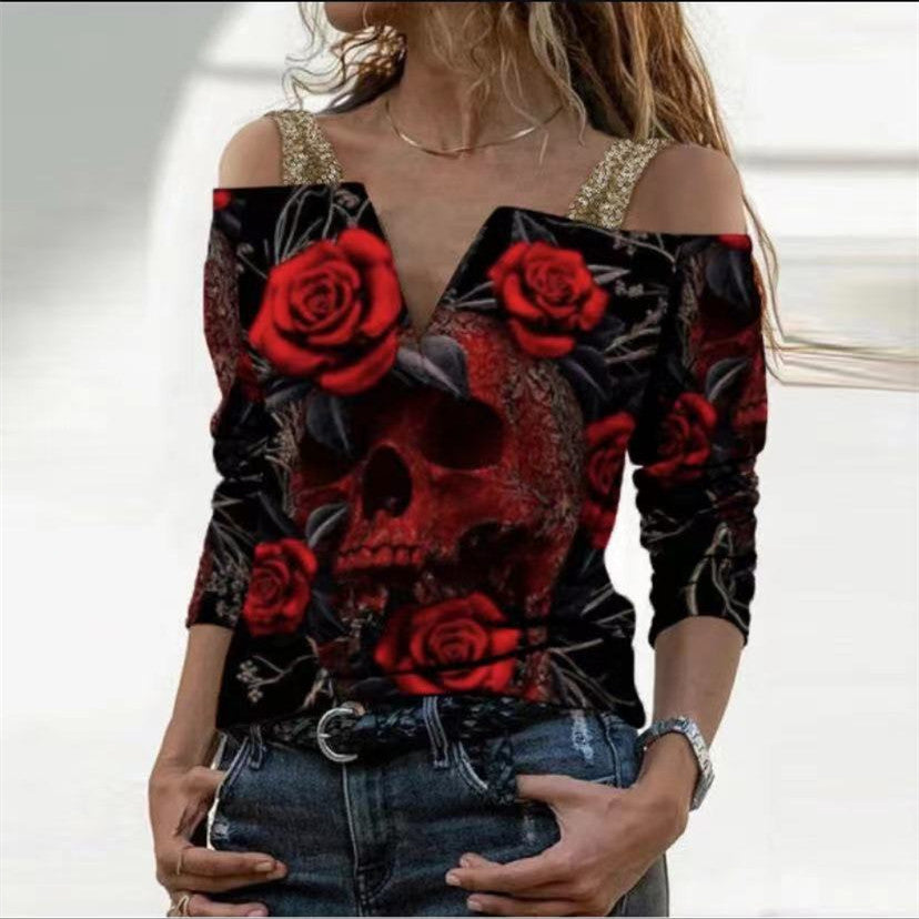 New Vintage Print Long Sleeve T-Shirts Women Sexy Sling V-Neck Off Shoulder Tops Elegant Rose Pattern Tee Shirt Streetwear