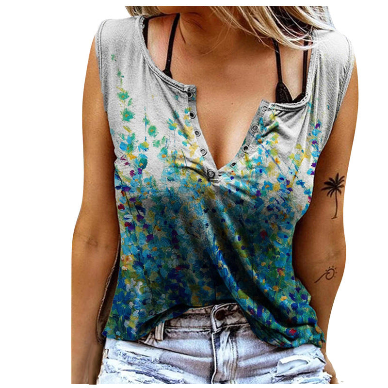 Colorful Floral Print V Neck Cotton-Blend Sleeveless Casual Tops