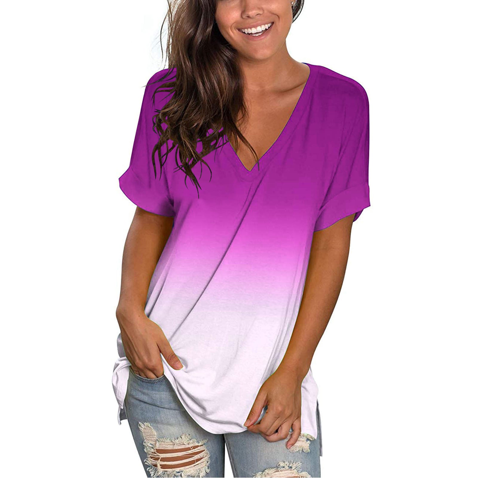 Women Summer Fashion Trend Short Sleeve T-shirt Gradient V-Neck Printed Loose Tops