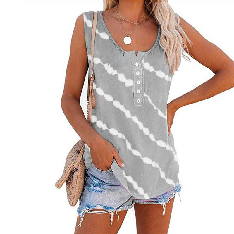 Summer Women O-Neck Loose Tie-Dye Print Buttoned Vest T-Shirt – CozyInShop