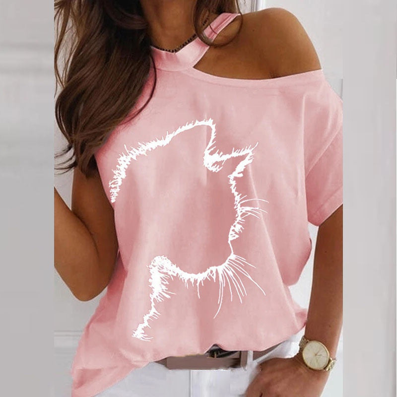 Plus Size Off Shoulder Summer T-shirt Cat Print Casual Short Sleeve O-neck Pullovers Fashion Street Tops