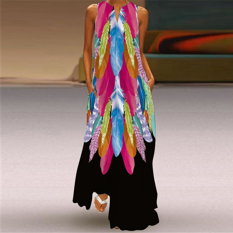 Abstract Sleeveless Beach Summer Long Dress Women Casual Dress Lady V Neck Maxi Dress Elegant Women's Dress