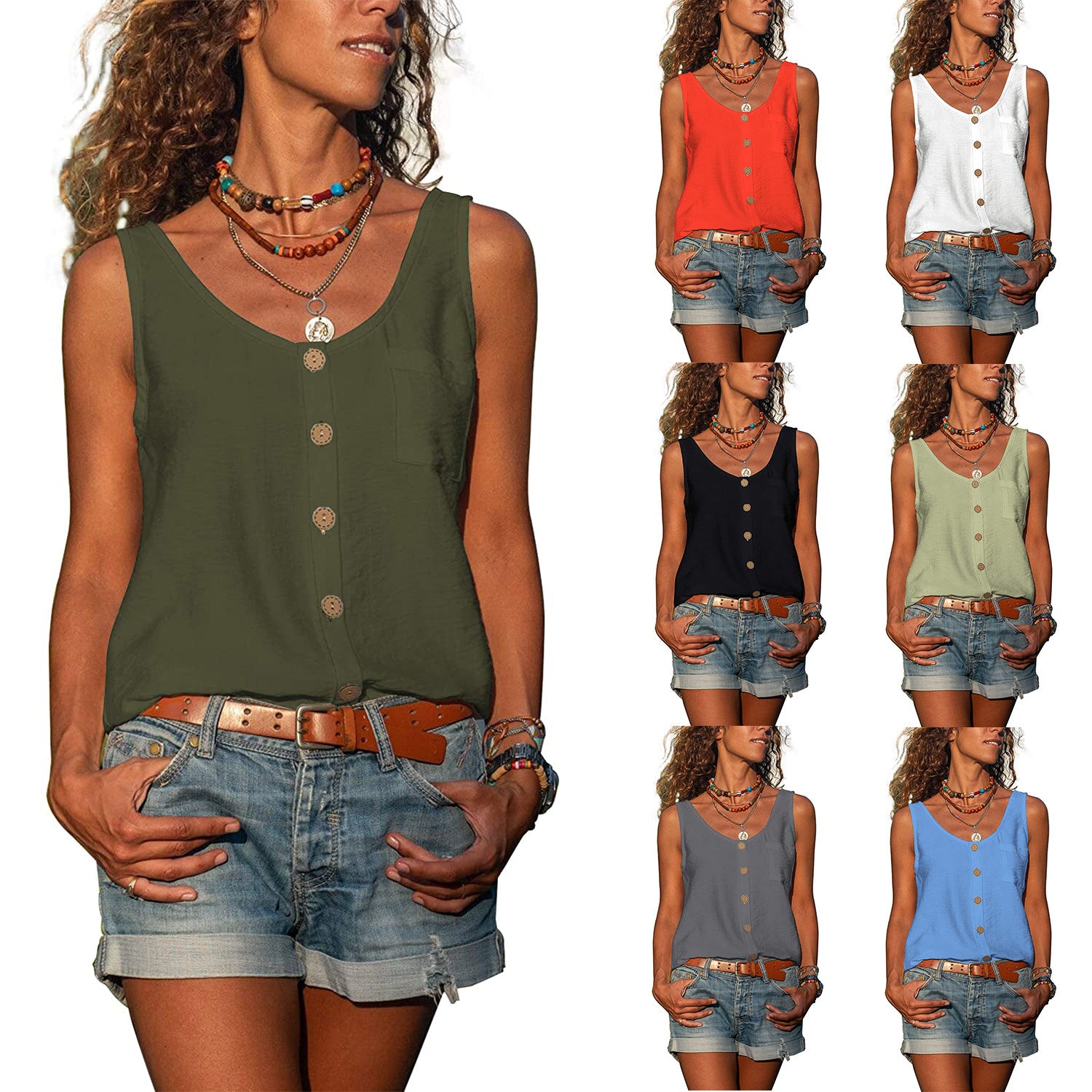 Summer New Solid Color U-neck Vest Button Sleeveless Tank Top with Pocket Ladies Casual T-shirt