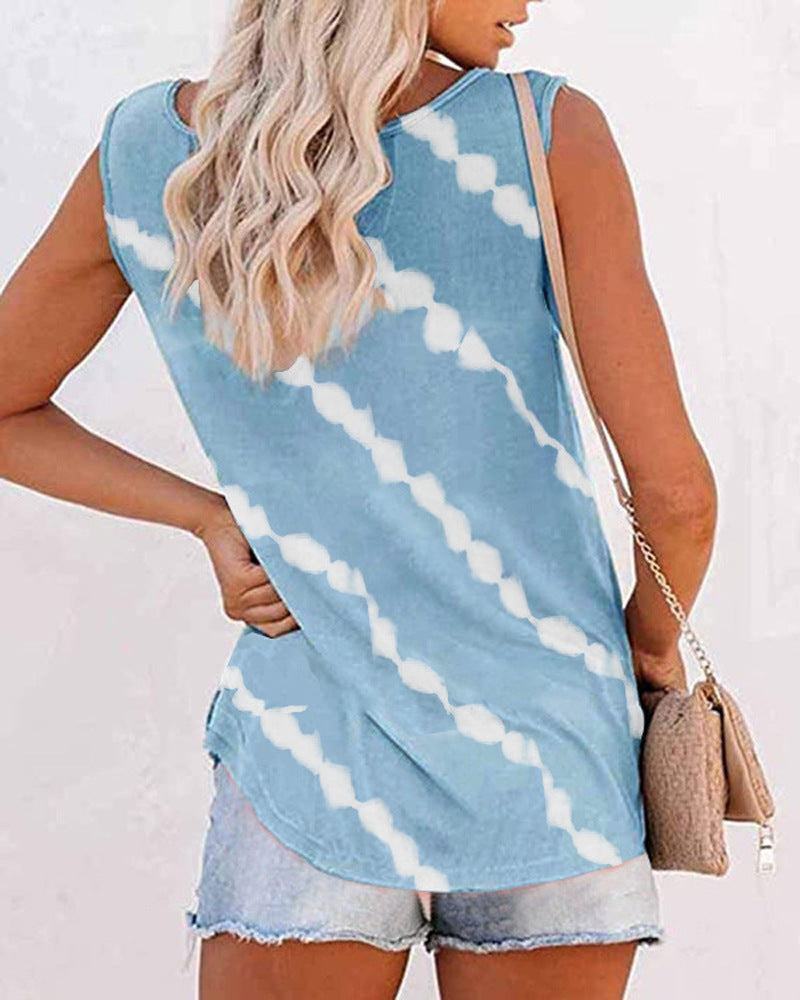 Summer Women O-Neck Loose Tie-Dye Print Buttoned Vest T-Shirt