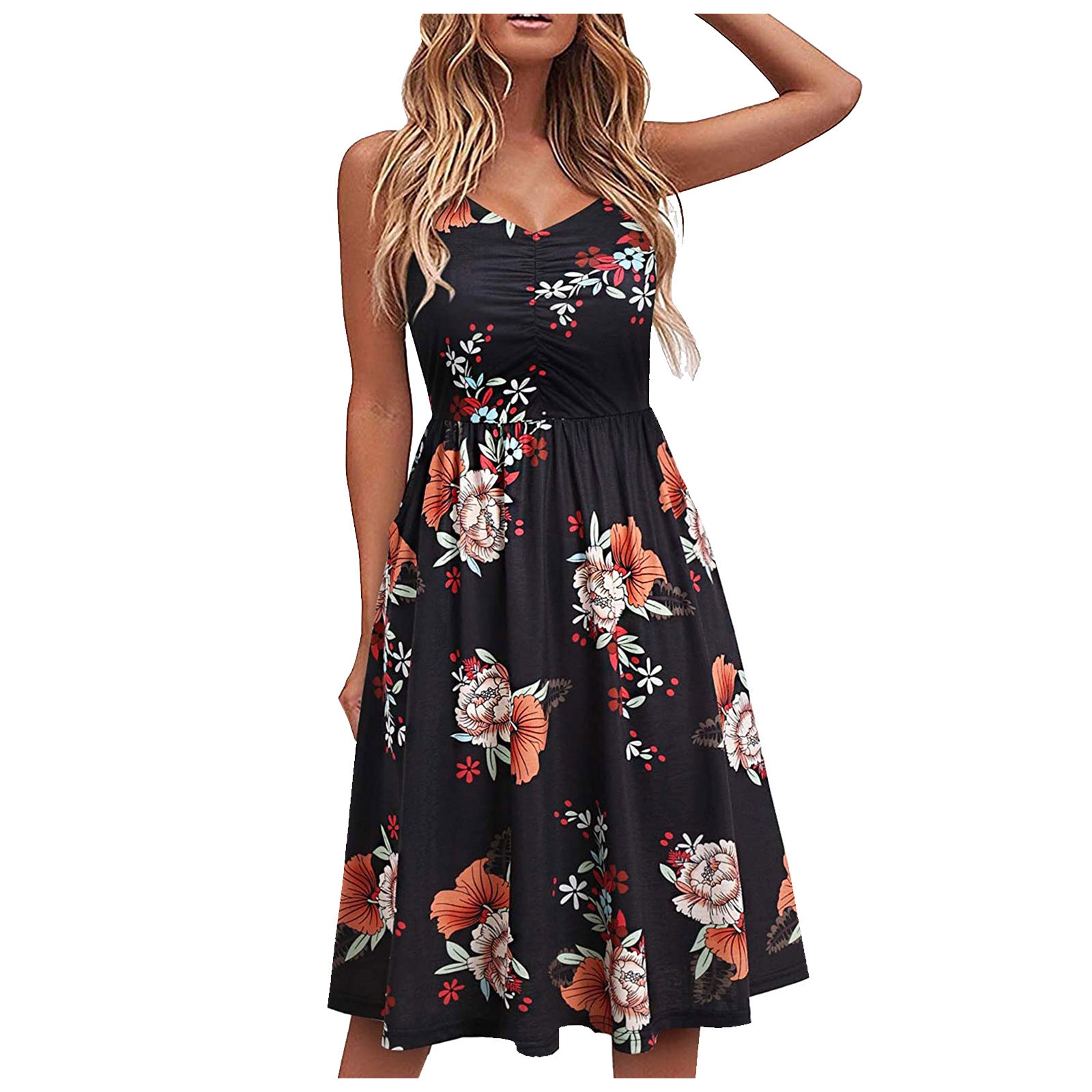 Summer Sling Dress Women New Sexy Backless Print Loose High Waist Stitching Sling Big Swing Dresses Female Refreshing Fashion