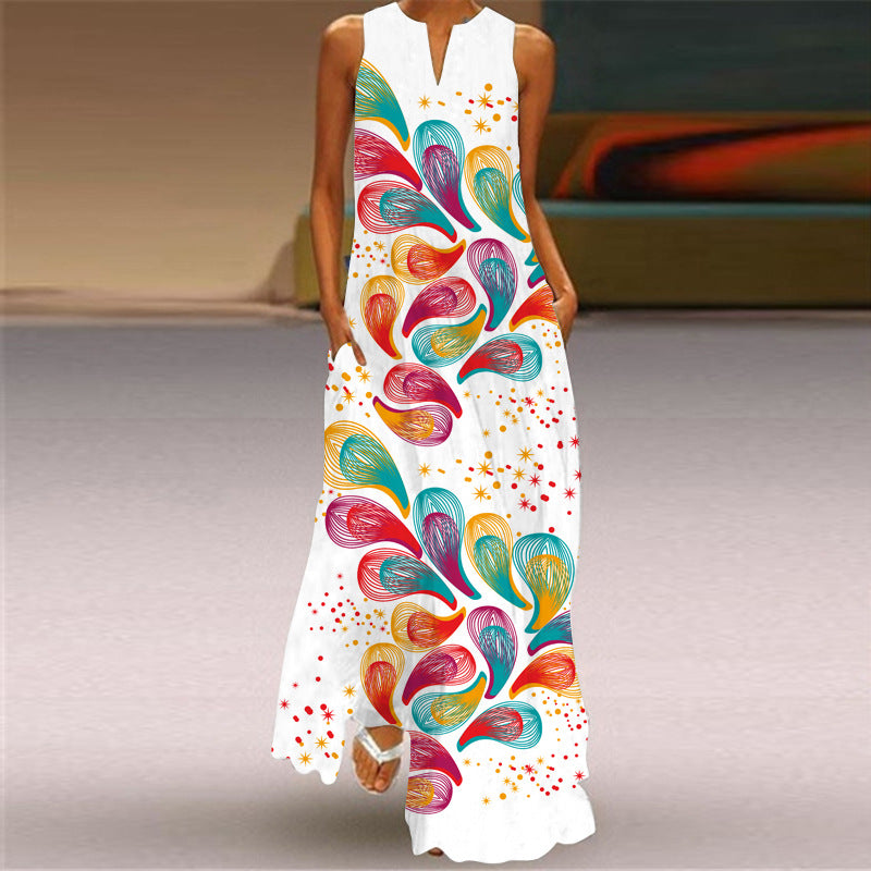 Abstract Sleeveless Beach Summer Long Dress Women Casual Dress Lady V Neck Maxi Dress Elegant Women's Dress