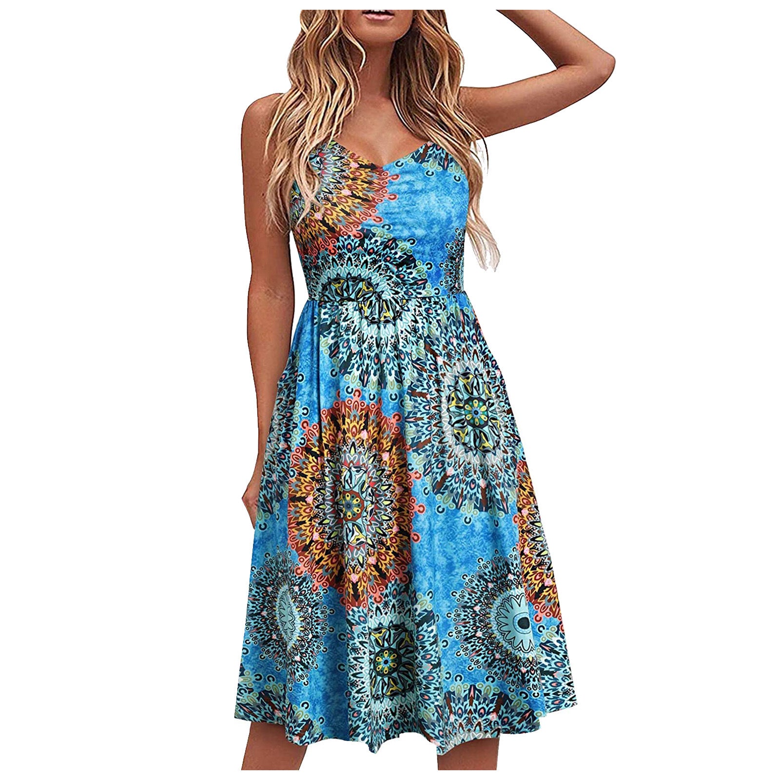 Summer Sling Dress Women New Sexy Backless Print Loose High Waist Stitching Sling Big Swing Dresses Female Refreshing Fashion