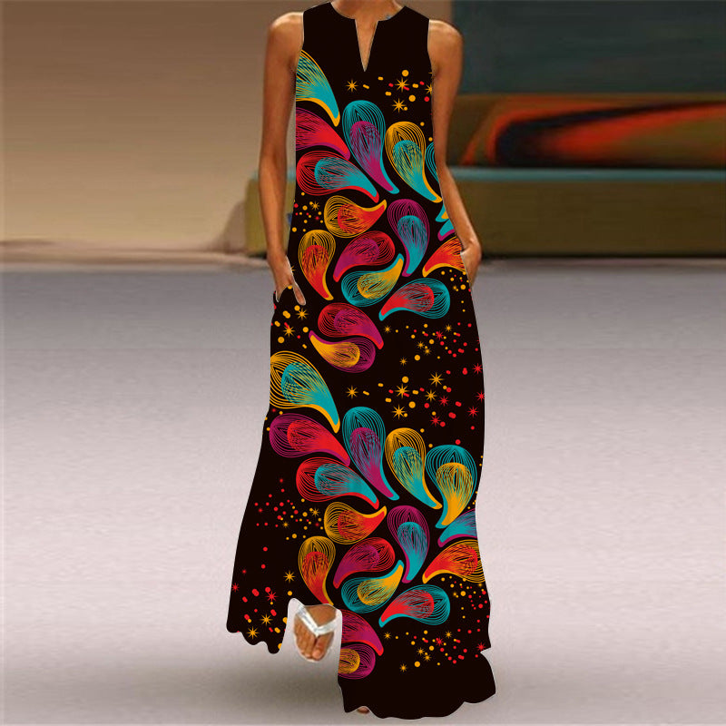 Abstract Sleeveless Beach Summer Long Dress Women Casual Dress Lady V Neck Maxi Dress Elegant Women's Dress