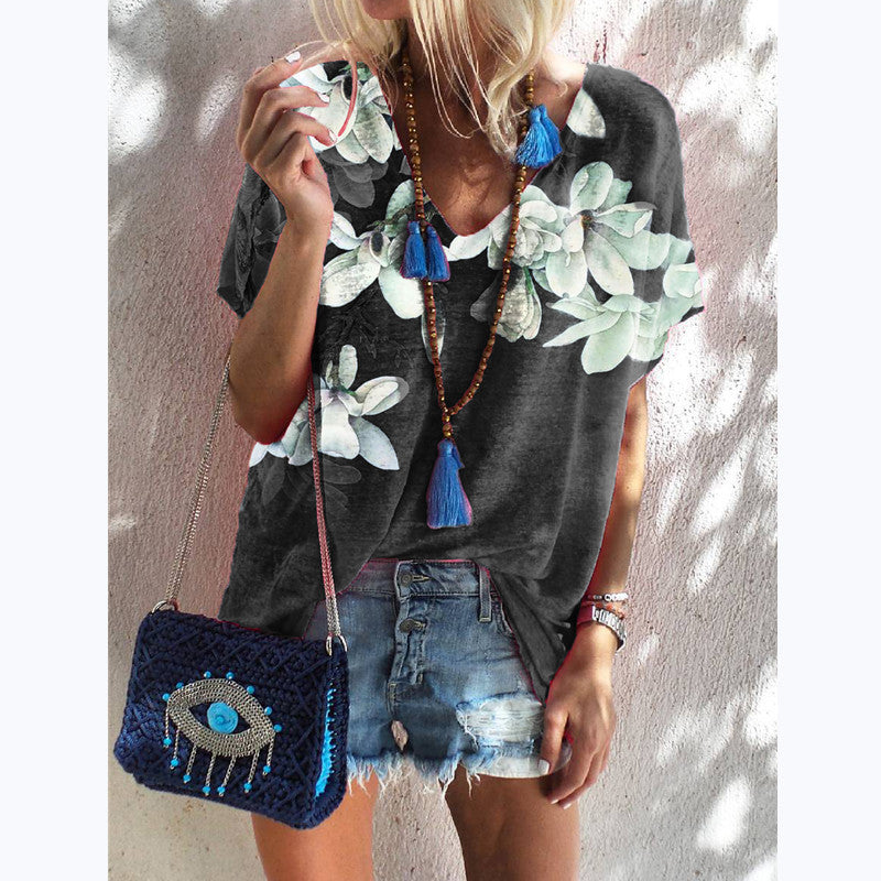 Women Summer Fashion Trend Short Sleeve T-shirt Gradient V-Neck Floral Print Loose Tops