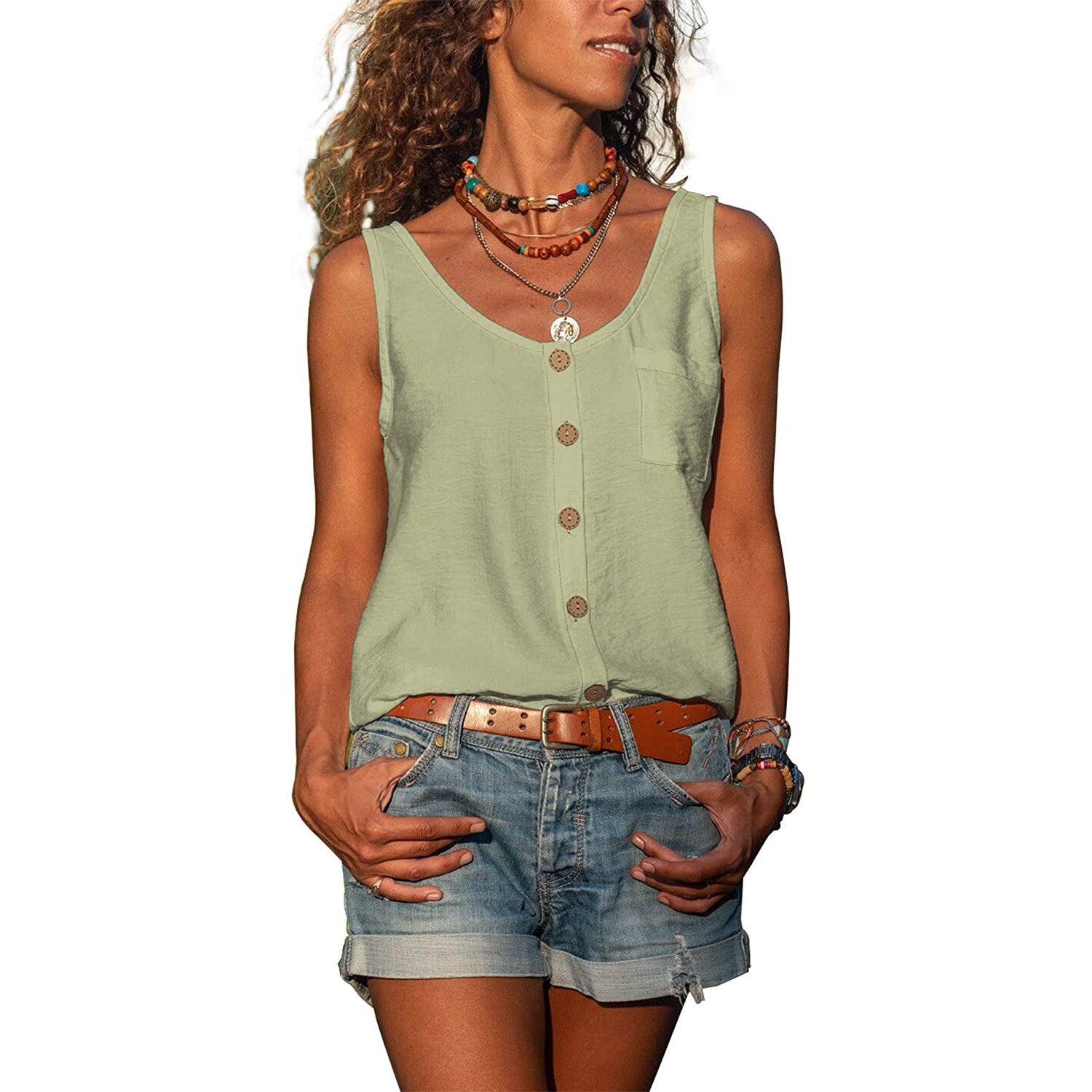 Summer New Solid Color U-neck Vest Button Sleeveless Tank Top with Pocket Ladies Casual T-shirt