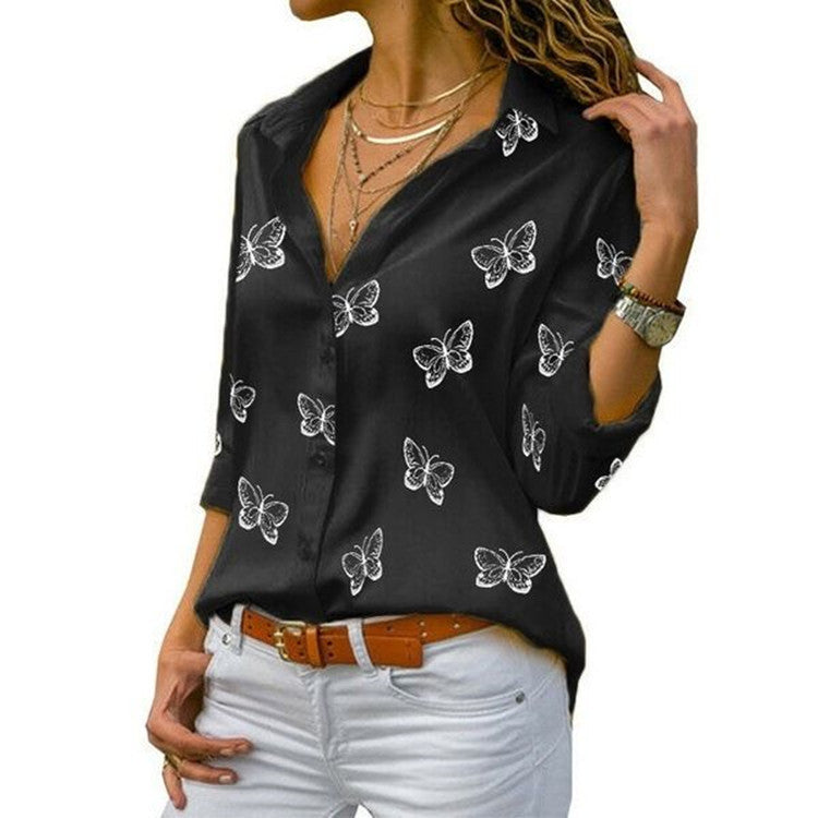 Women's Butterfly Print Casual Long Sleeve V Neck Buttons Tops Loose Blouses