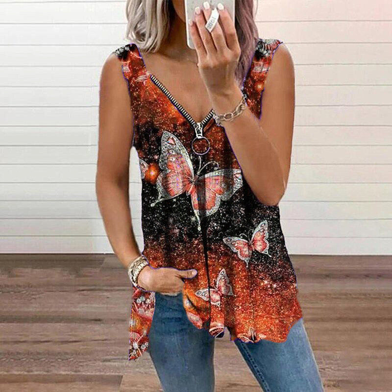 Women V-neck Sexy Vest New Zipper Butterfly Print Loose Vest Summer Plus Size Clothing Fashion Top T-shirt