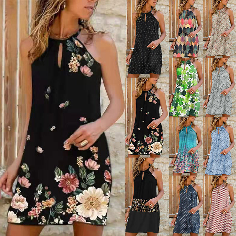 Summer Beach Women's Dress New Boho Fashion Print Sexy Halter O Neck Sleeveless Loose Ladies Mini Dress Plus Size