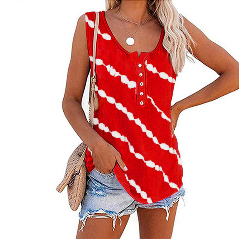 Summer Women O-Neck Loose Tie-Dye Print Buttoned Vest T-Shirt