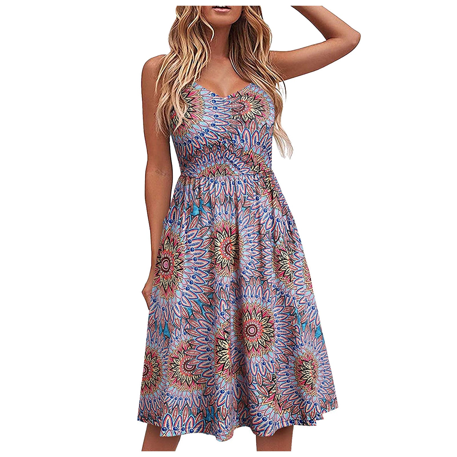 Summer Sling Dress Women New Sexy Backless Print Loose High Waist Stitching Sling Big Swing Dresses Female Refreshing Fashion