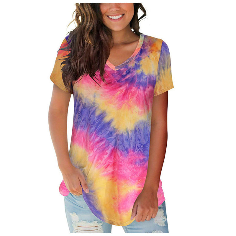 Middle long Casual Loose  V neck Sexy Women Tie Dye t shirts