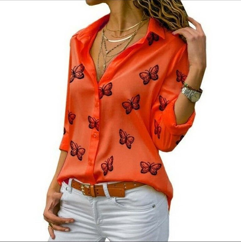 Women's Butterfly Print Casual Long Sleeve V Neck Buttons Tops Loose Blouses