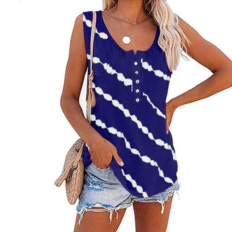 Summer Women O-Neck Loose Tie-Dye Print Buttoned Vest T-Shirt