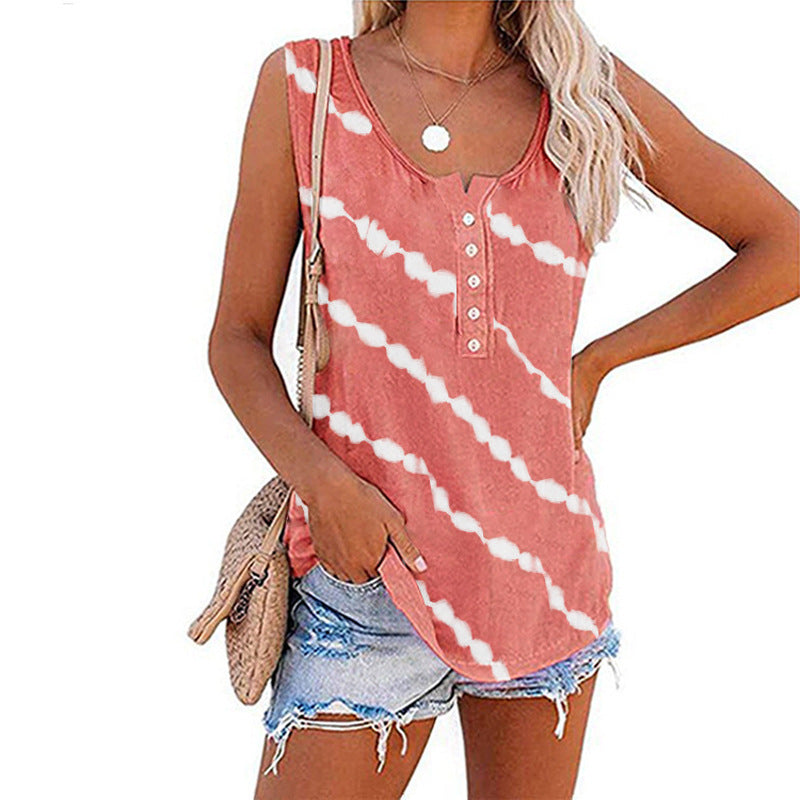 Summer Women O-Neck Loose Tie-Dye Print Buttoned Vest T-Shirt