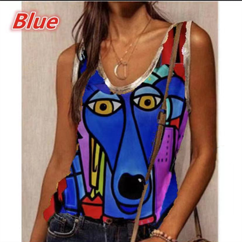 Women Fashion Loose Casual sleeveless Cartoon print Abstract print Round neck Summer vest tank tops camisole