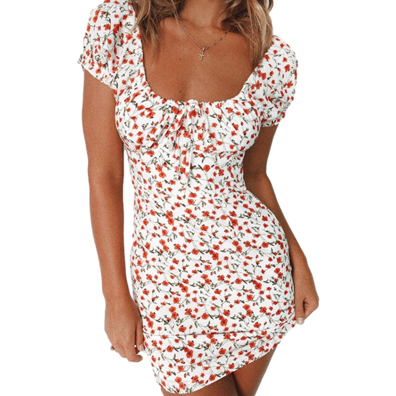 Summer Women Slim-Fit Ruched Short Sleeve Flroal Printed Drawstring U-Neck Sexy Mini Dress