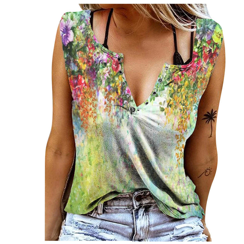 Colorful Floral Print V Neck Cotton-Blend Sleeveless Casual Tops