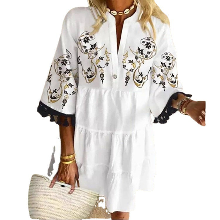 Classy Floral Print Character Ladies V Neck Loose Summer Tassel Fringed Sleeve Mini Sundress