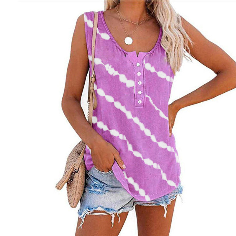 Summer Women O-Neck Loose Tie-Dye Print Buttoned Vest T-Shirt