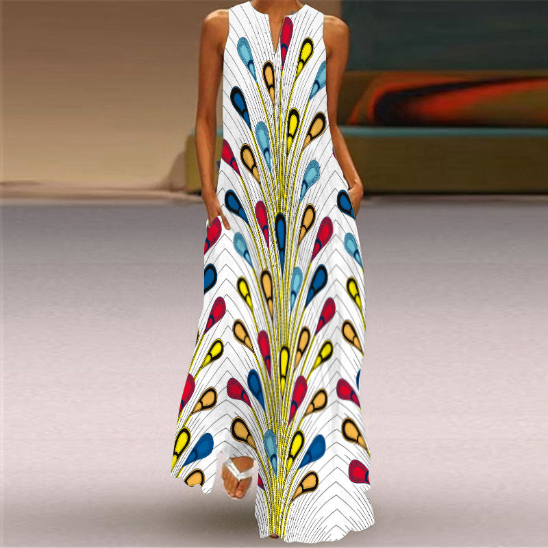 Abstract Sleeveless Beach Summer Long Dress Women Casual Dress Lady V Neck Maxi Dress Elegant Women's Dress