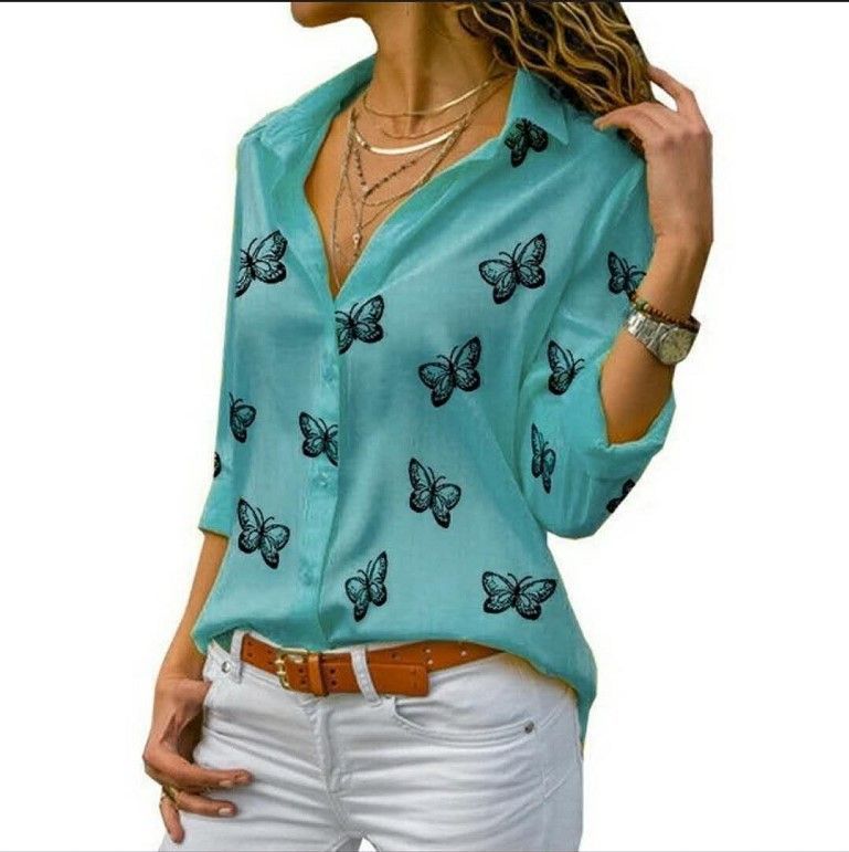 Women's Butterfly Print Casual Long Sleeve V Neck Buttons Tops Loose Blouses