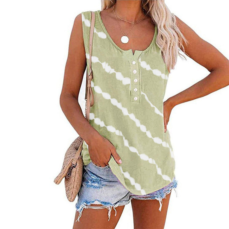 Summer Women O-Neck Loose Tie-Dye Print Buttoned Vest T-Shirt