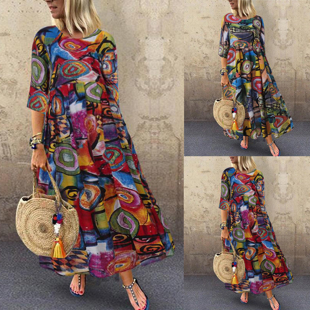 New Women Trendy Summer Plus Size Abstract Print Character Women O-Neck Loose Maxi Dress