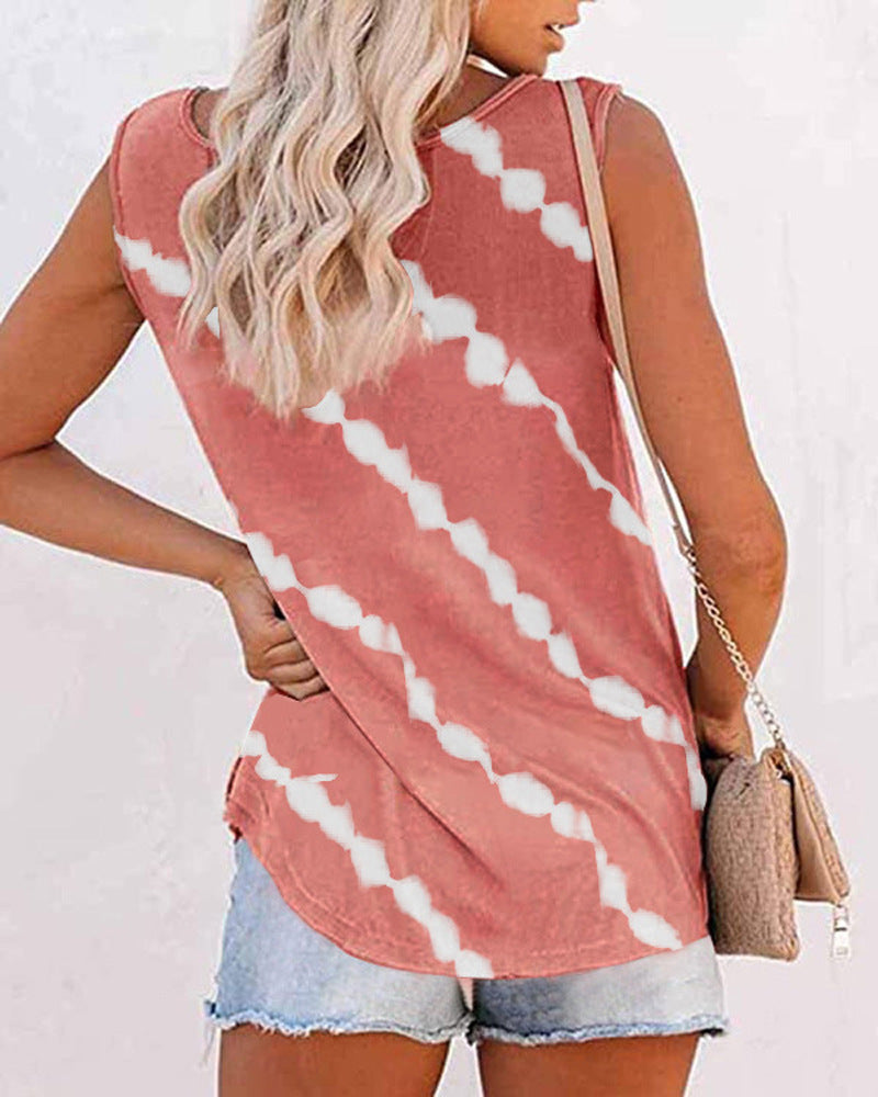 Summer Women O-Neck Loose Tie-Dye Print Buttoned Vest T-Shirt