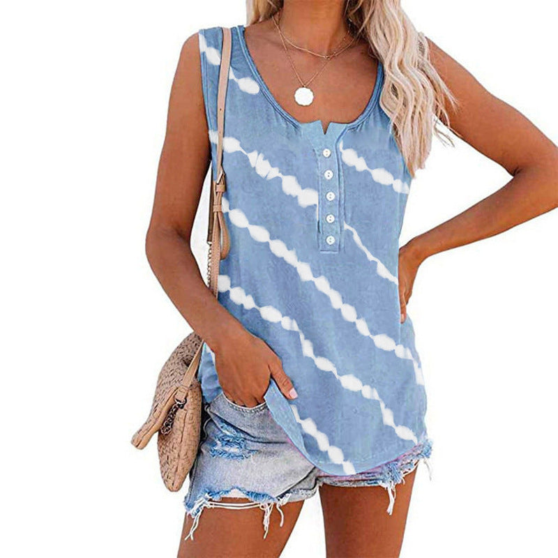 Summer Women O-Neck Loose Tie-Dye Print Buttoned Vest T-Shirt