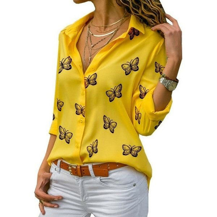 Women's Butterfly Print Casual Long Sleeve V Neck Buttons Tops Loose Blouses